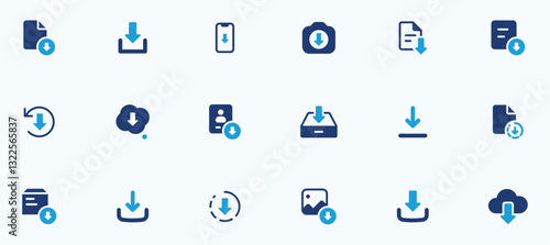 Download icon set. featuring file, document, cloud, archive, download file, gallery album, camera photo, downloading icons. Solid icon collection. Web vector icons
