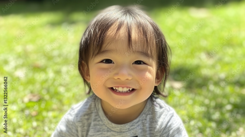 Smiling child sitting on green grass in a sunny park during a bright day Smiling child sitting on green grass in a sunny park during a bright day