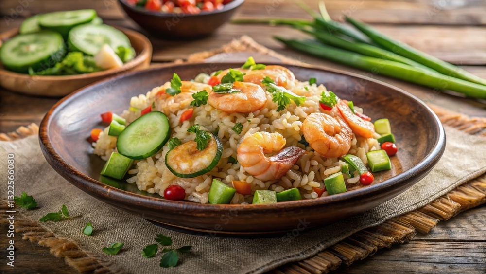 Delicious Shrimp Fried Rice with Fresh Cucumber Garnish - Asian Cuisine Stock Photo Delicious Shrimp Fried Rice with Fresh Cucumber Garnish - Asian Cuisine Stock Photo