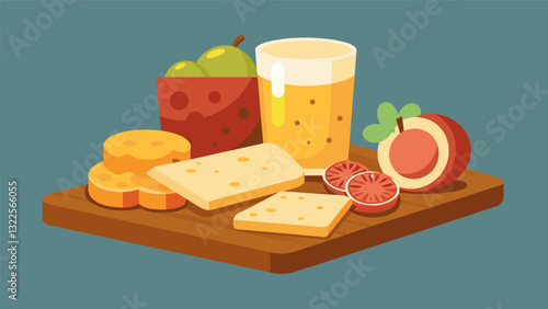 Embrace the flavors of the farm with the Country Charm Snack Board showcasing farmhouse cheddar cheese tangy pickles savory summer sausage and crispy. Vector illustration