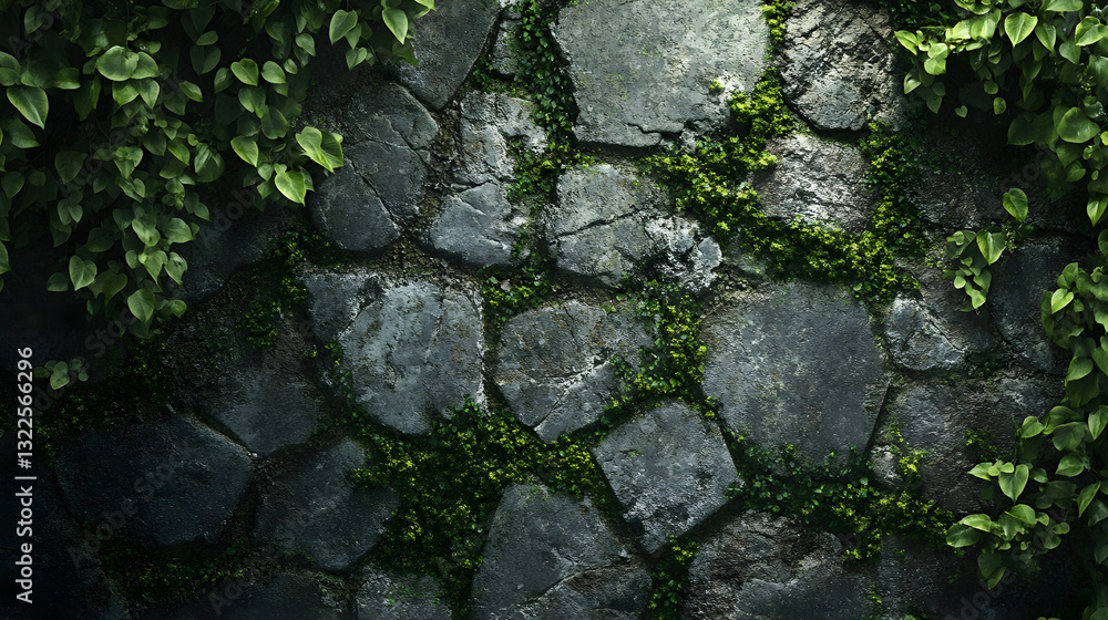 Overgrown garden wall with ivy creeping through the cracks and moss softening the worn stone texture Overgrown garden wall with ivy creeping through the cracks and moss softening the worn stone texture