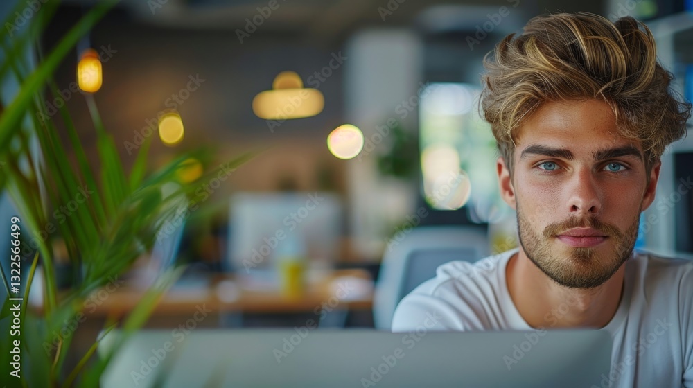 Obraz premium Young Businessman Working at Desk with Computer Monitor in Creative Office Environment