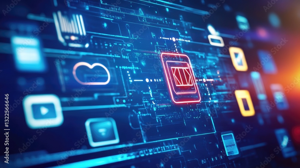 Fototapeta premium A futuristic digital concept for online learning with e-learning symbols, video lessons, and online course icons against a glowing tech backdrop.