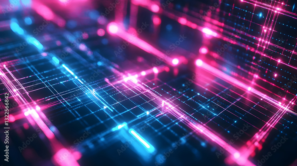 Retro neon grid background with glowing pink and blue lines creating a futuristic digital aesthetic Retro neon grid background with glowing pink and blue lines creating a futuristic digital aesthetic