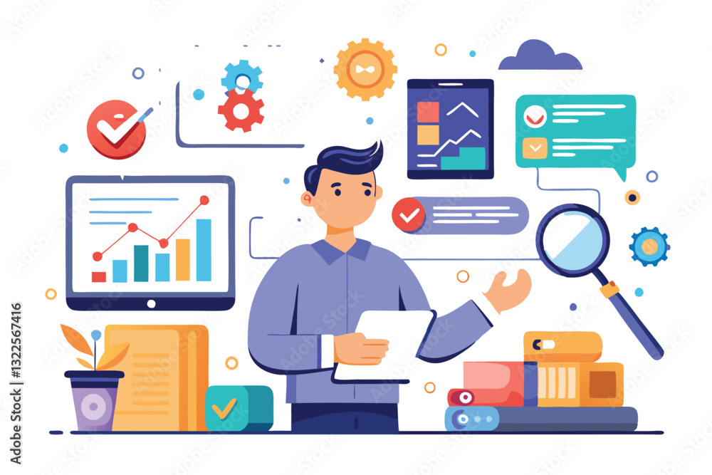 Obraz premium business team analysis and monitoring concept on web report dashboard monitor. data analysis research flat vector illustration design for business financial planning concept, flat vector illustration
