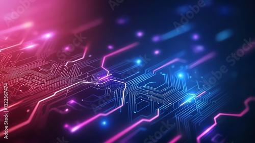 Vibrant digital circuitry with glowing lines creating an abstract, futuristic background. The vivid colors of pink and blue highlight modern technology and innovation concepts.