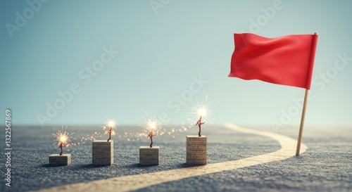 A journey of bricks leading to a successful milestone, symbolizing persistence in achieving one's aspirations.