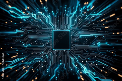 A stunning close-up of a microchip surrounded by vibrant blue circuitry. The intricate design highlights the fusion of technology and modern innovation in a digital world.