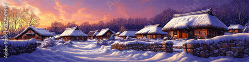Scenic Winter Village Landscape Illustration with Snow-Covered Traditional Houses thatched Roofs Stone Walls and Frosty Trees under Vibrant Sunset Sky