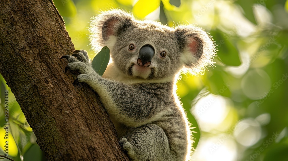 Fototapeta premium Adorable koala joey clinging to a eucalyptus tree, sunlit foliage background.