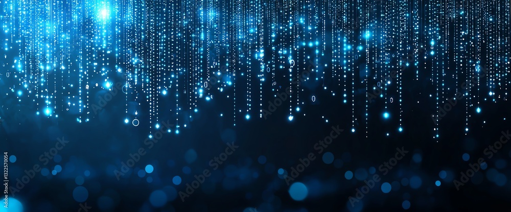 A captivating blue background filled with shimmering lights resembling hanging droplets. This digital pattern evokes a modern and futuristic atmosphere, perfect for tech themes. A captivating blue background filled with shimmering lights resembling hanging droplets. This digital pattern evokes a modern and futuristic atmosphere, perfect for tech themes.