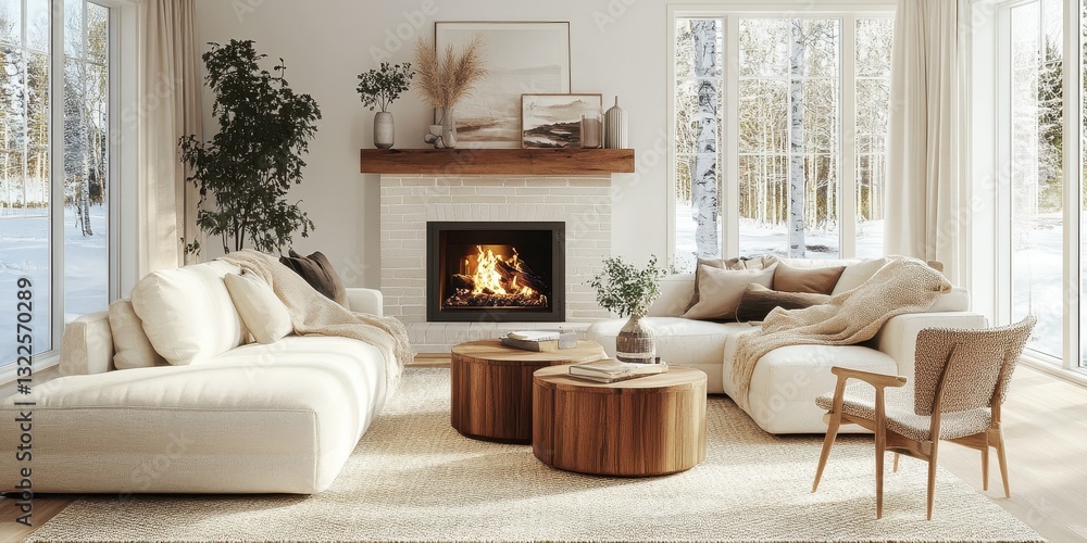 Fototapeta premium A cozy living room with fireplace and snow outside