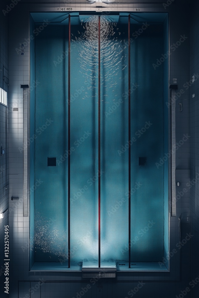 Fototapeta premium Dramatic overhead view of an empty indoor swimming pool with still water and bold red lanes