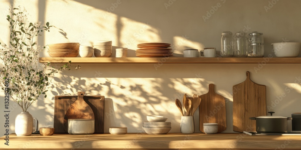A well lit kitchen display featuring various wooden and ceramic items A well lit kitchen display featuring various wooden and ceramic items