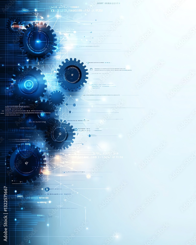 Fototapeta premium An abstract composition featuring gears and digital elements, representing modern technology and innovation. Ideal for backgrounds and tech-related projects.