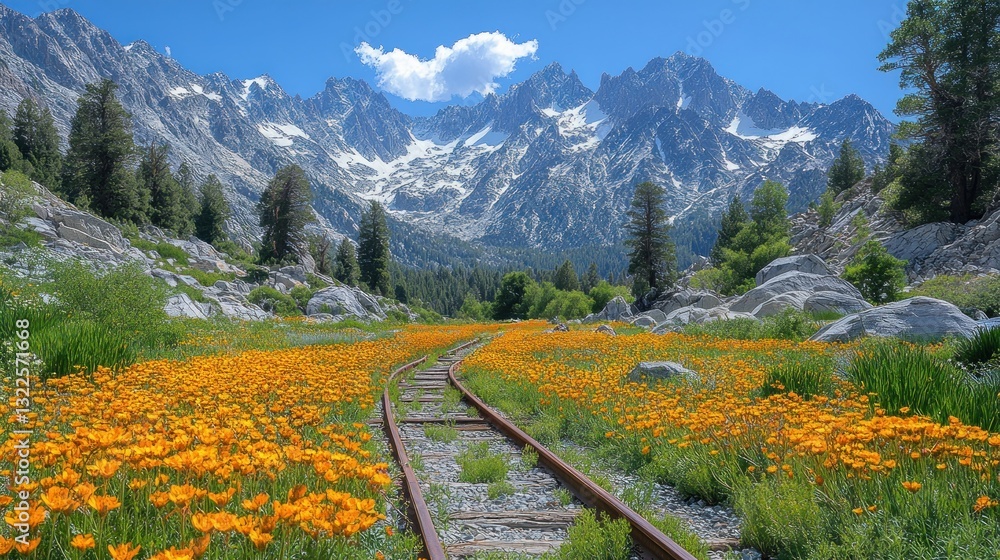 Obraz premium Scenic railway tracks through vibrant orange wildflowers, leading to majestic snow-capped mountains under a bright blue sky.