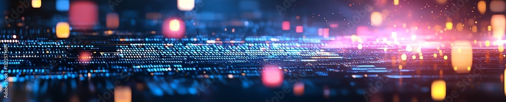 Fototapeta premium A vibrant digital landscape featuring a blend of colorful lights and data streams, symbolizing the intersection of technology and innovation in a modern world.