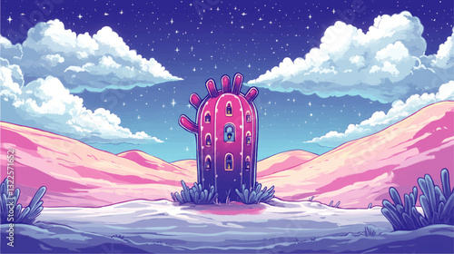 Surreal Cactus House in Vibrant Desert Landscape Under Starry Sky with Puffy Clouds and Rolling Pink Hills Vector Art Illustration