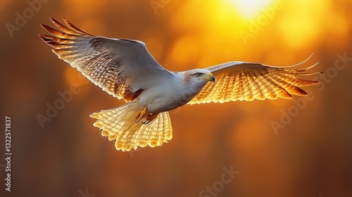 Majestic hawk in flight at sunset, wings spread wide, bathed in golden light.