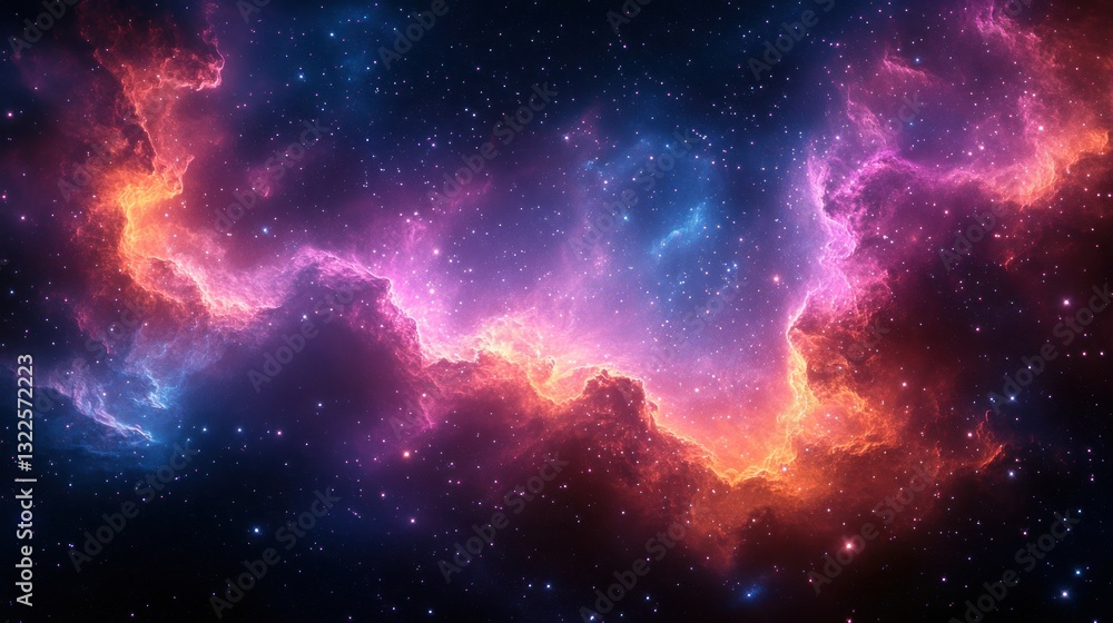 Fototapeta premium Vibrant nebula with pink, orange, and blue cosmic clouds and stars.