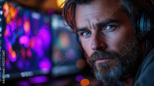 Focused man with headphones, intense gaze, working late at computer with vibrant screen.