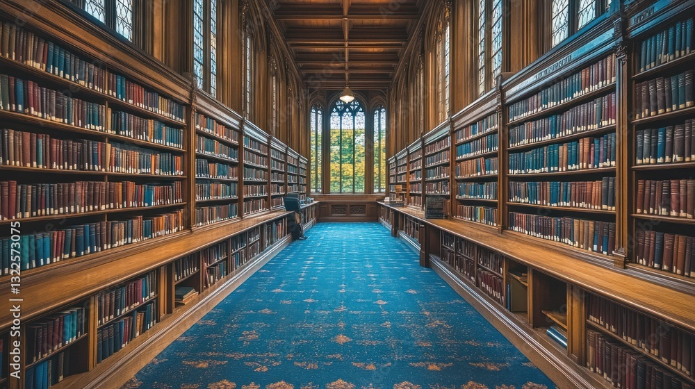 Fototapeta premium Grand library hall with tall bookshelves, blue carpet, and gothic architecture.