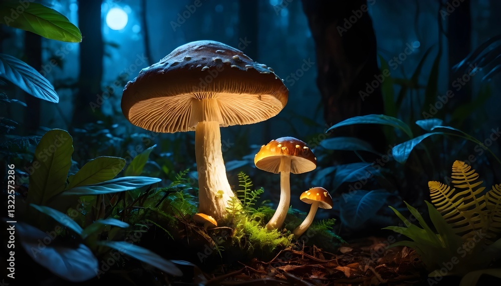 Fototapeta premium glowing mushroom in the night forest background