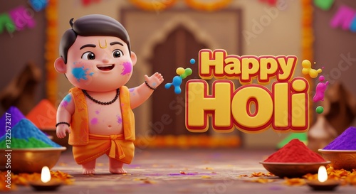 A vibrant Holi celebration featuring a young child amidst joyous colors and cheerful text, celebrating the festival of love and harmony.