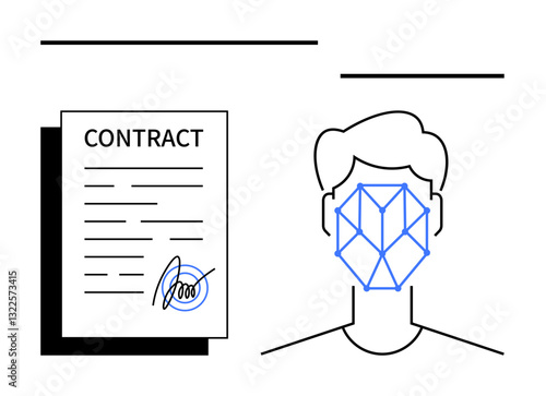 Person with facial recognition grid beside signed contract indicating digital verification. Ideal for technology, security, identity verification, contracts, legal processes, authentication