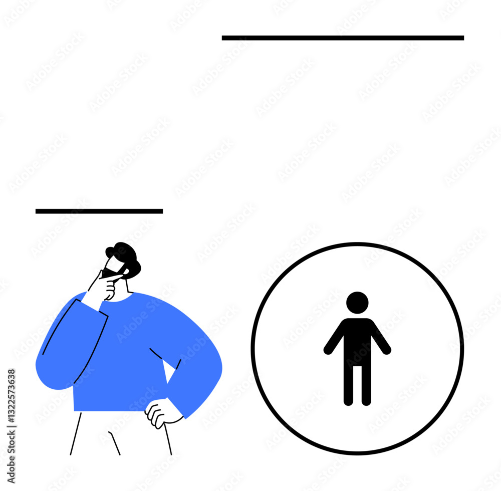 Man thinking with hand on chin and figure of a person inside a circle. Ideal for problem-solving, decision-making, individuality, focus, strategy, human resources, modern concepts. Flat simple Man thinking with hand on chin and figure of a person inside a circle. Ideal for problem-solving, decision-making, individuality, focus, strategy, human resources, modern concepts. Flat simple
