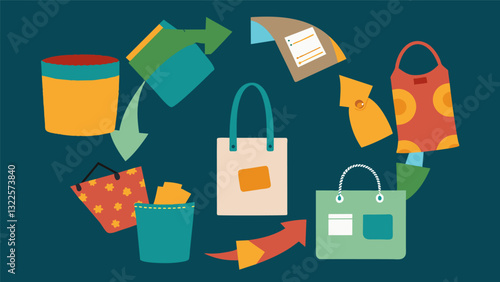 Repurposing old fabrics and clothing to create unique and customizable tote bags or pouches.. Vector illustration