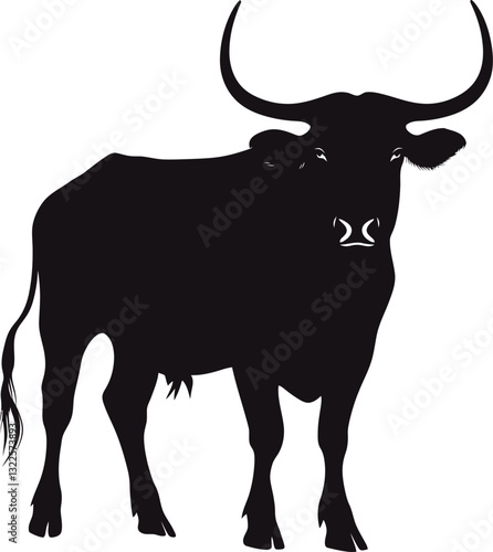 A powerful ox standing tall with large curved horns