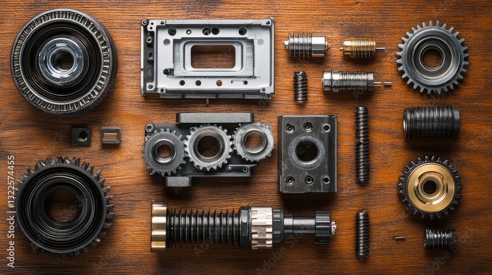 An overhead shot of a disassembled gearbox with individual gear components placed neatly around the workspace, signaling the repair work. An overhead shot of a disassembled gearbox with individual gear components placed neatly around the workspace, signaling the repair work.