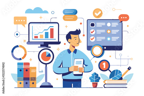 Data analysis concept in modern flat cartoon design for web Man and woman analyzing charts on screen monitoring statistic reports brainstorming and make research at meeting Vector illustration