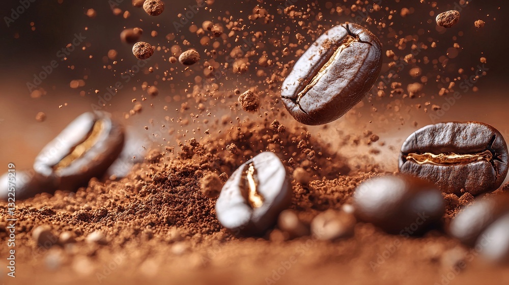 Coffee beans floating mid-air with a vibrant explosion of ground coffee, emphasizing motion and the vibrancy of fresh coffee Coffee beans floating mid-air with a vibrant explosion of ground coffee, emphasizing motion and the vibrancy of fresh coffee