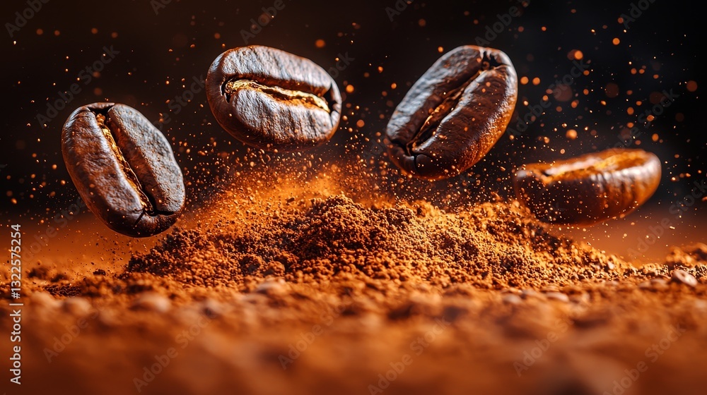 Suspended roasted coffee beans with a dynamic shower of ground coffee particles, capturing motion and the scent of fresh coffee Suspended roasted coffee beans with a dynamic shower of ground coffee particles, capturing motion and the scent of fresh coffee