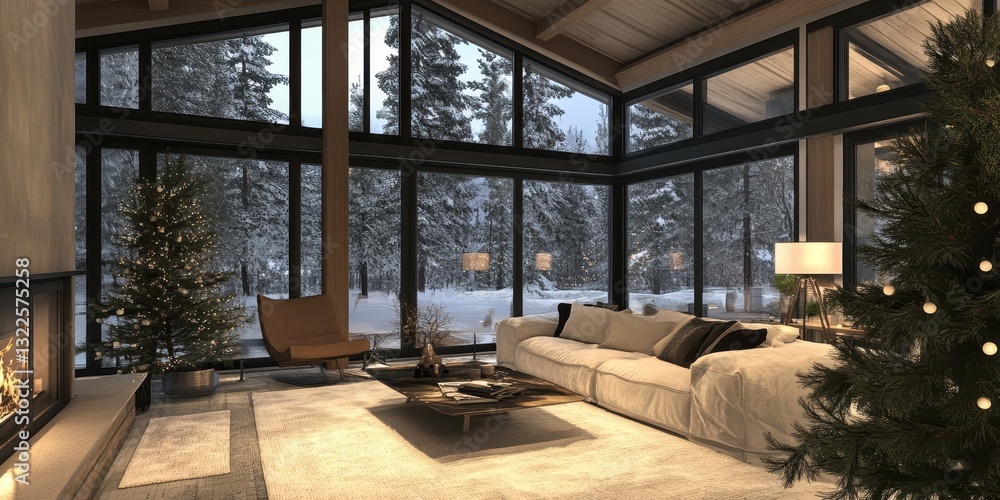 Naklejka premium A cozy living room with a fireplace and snowy view