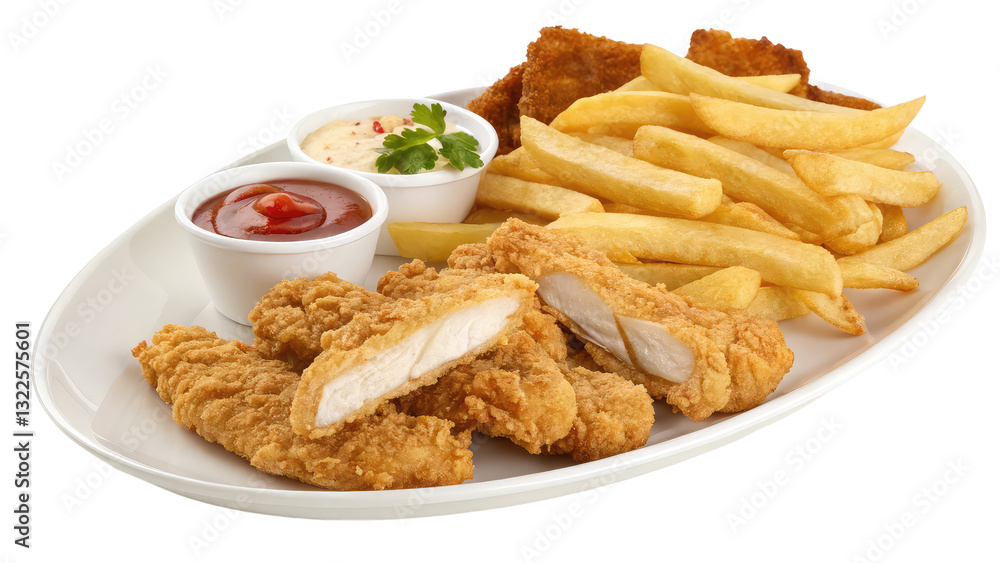 Delicious crispy fried chicken strips paired with crunchy French fries in a white serving dish, ideal for restaurant promotions and food-related designs on transparent background PNG
Delicious crispy fried chicken strips paired with crunchy French fries in a white serving dish, ideal for restaurant promotions and food-related designs on transparent background PNG