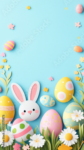 Easter greeting card background with cute bunny and colorful easter eggs. Vector illustration, easter day advertising.