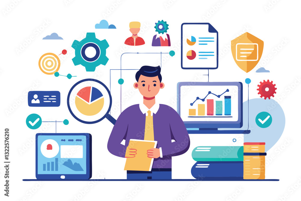 Data analysis concept in modern flat cartoon design for web Man and woman analyzing charts on screen monitoring statistic reports brainstorming and make research at meeting Vector illustration Data analysis concept in modern flat cartoon design for web Man and woman analyzing charts on screen monitoring statistic reports brainstorming and make research at meeting Vector illustration
