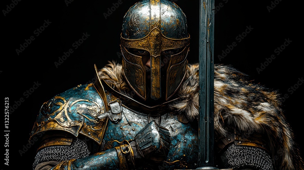 Obraz premium Guardian of Ages: A majestic knight stands in stoic resolve, clad in ornate armor and bearing a gleaming sword. A symbol of valor and fortitude.
