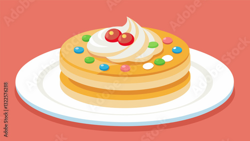 Fluffy pancake bites topped with a dollop of whipped cream and a sprinkle of colorful fruit loops.. Vector illustration