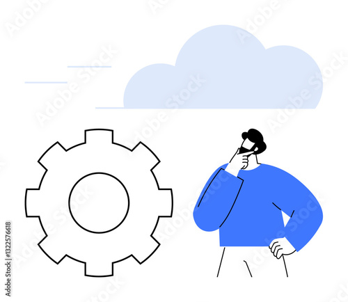 Individual in thoughtful pose beside a large gear with a cloud overhead, representing problem-solving, innovation, and process refinement. Ideal for technology, teamwork, brainstorming, strategy
