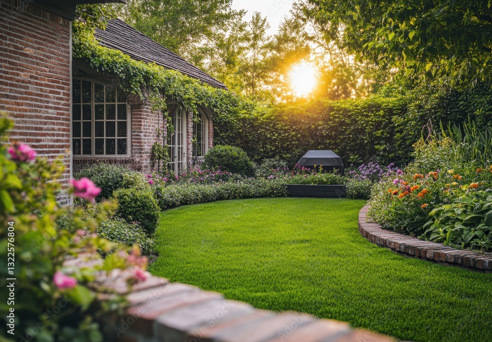 Naklejka premium Serene Backyard Garden at Sunset with Lush Green Lawn, Colorful Flowers, and Soft Sunlight Illuminating the Peaceful Outdoor Space