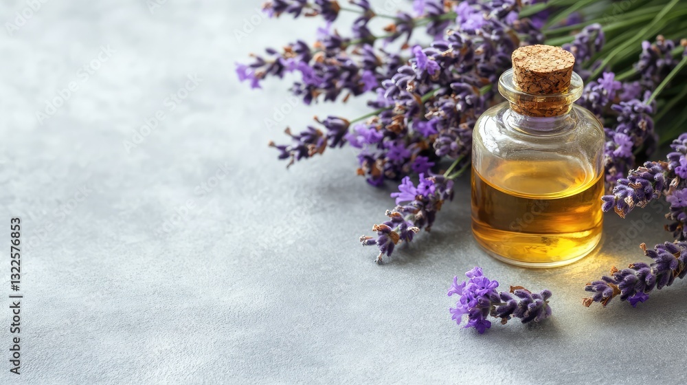 Fototapeta premium A close-up of lavender oil placed next to fresh lavender flowers, on a smooth light surface, offering ample copy space for design or text.