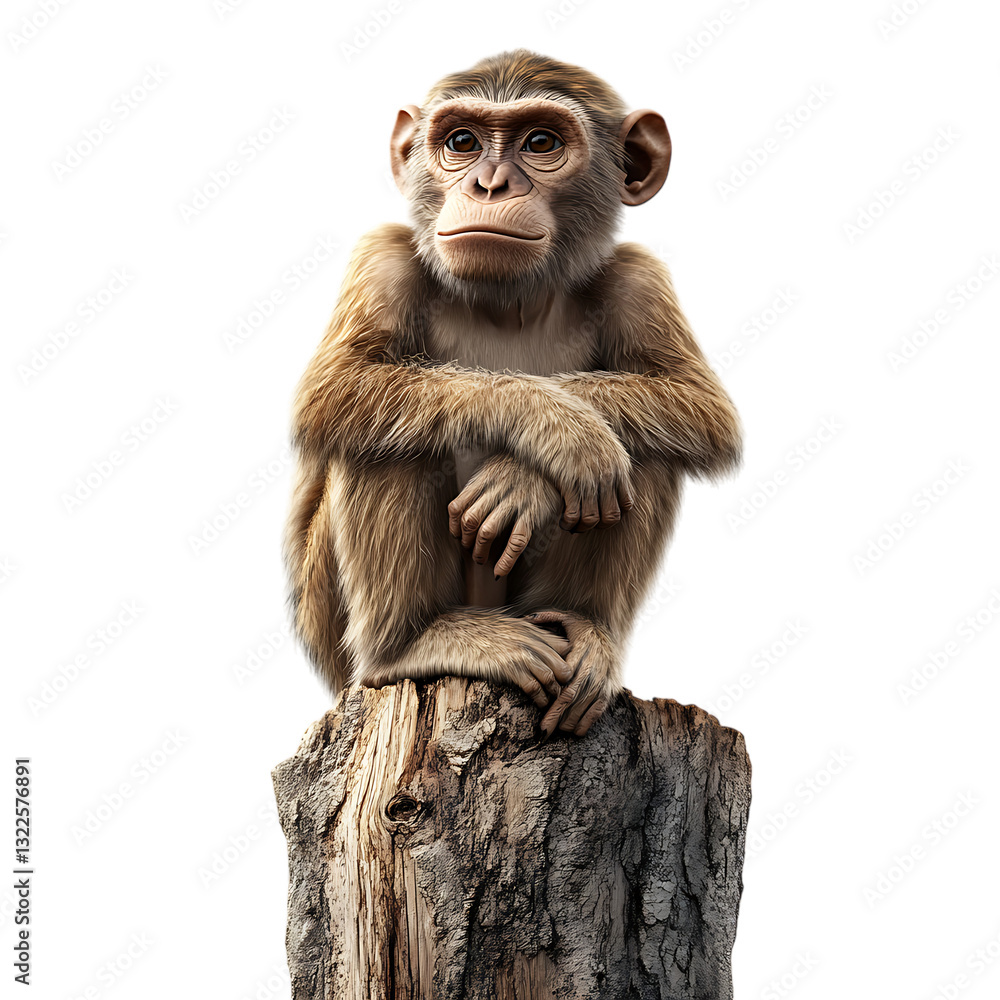 Fototapeta premium A young brown chimpanzee sits thoughtfully with crossed arms atop a weathered tree stump providing copy space for advertising concepts isolated on.