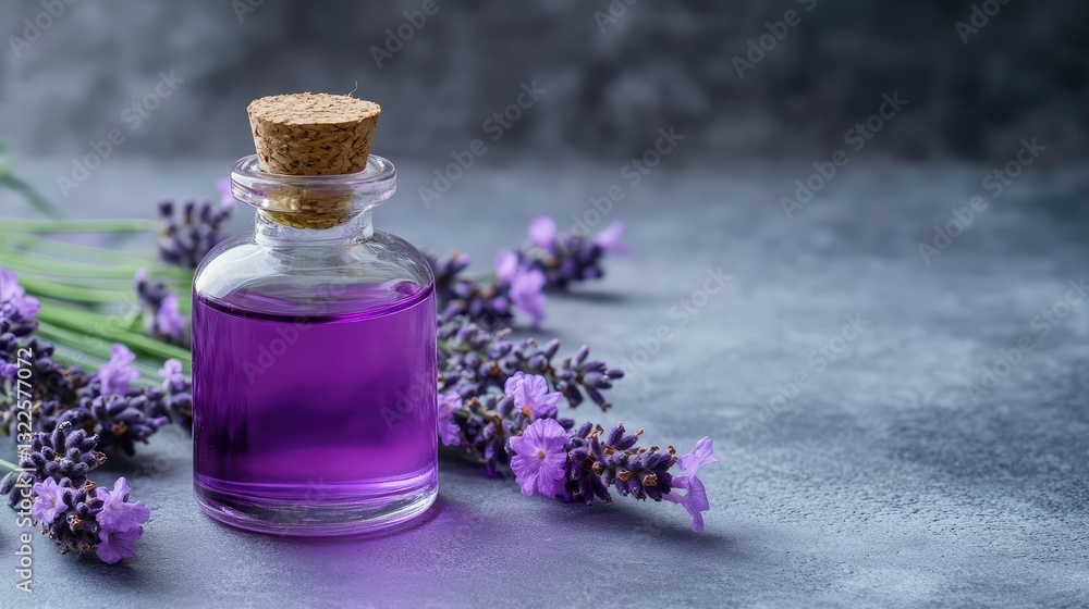 A close-up shot of lavender oil in a glass bottle, surrounded by lavender flowers and petals on a smooth surface, offering plenty of copy space. A close-up shot of lavender oil in a glass bottle, surrounded by lavender flowers and petals on a smooth surface, offering plenty of copy space.