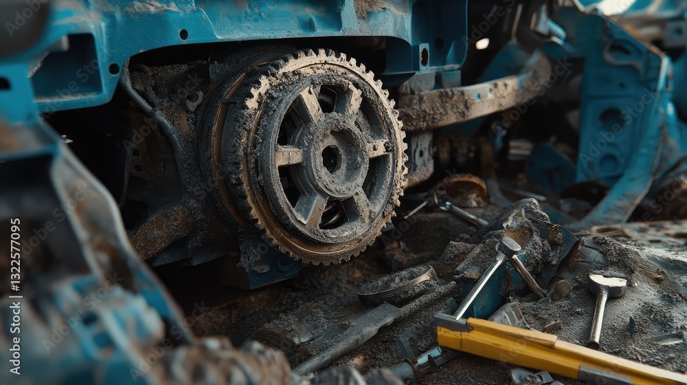 A close-up shot of the gears inside a car's transmission system, with the surrounding repair tools, indicating ongoing repair work. A close-up shot of the gears inside a car's transmission system, with the surrounding repair tools, indicating ongoing repair work.