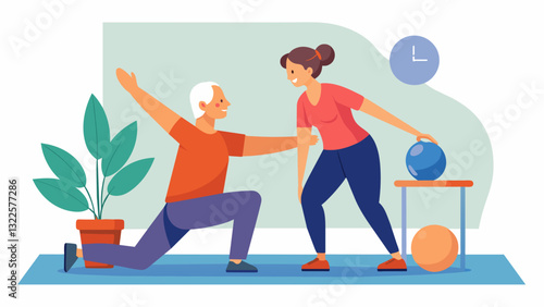 A physical the demonstrating exercises and techniques to help seniors improve mobility and prevent falls.. Vector illustration