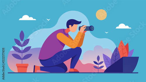 Practicing patience and mindfulness while waiting for the perfect shot observing and appreciating the surroundings in between clicks.. Vector illustration